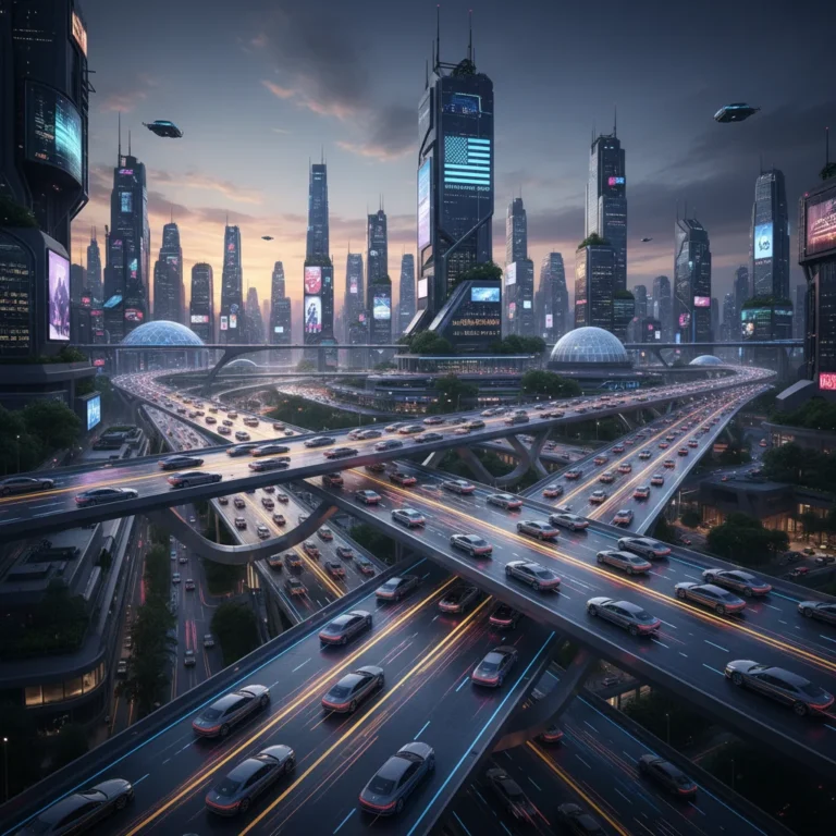 Futuristic electric autonomous vehicles on a modern US highway