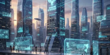 Fintech Trends Reshaping US Banking by 2026 Futuristic financial cityscape with digital data and networked connections, symbolizing advanced fintech in US banking.