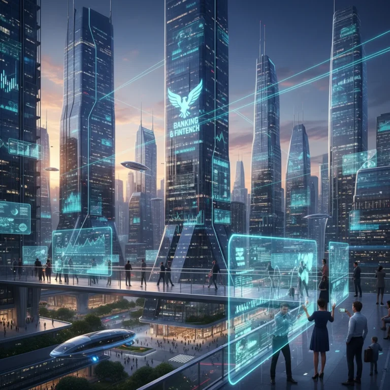 Futuristic financial cityscape with digital data and networked connections, symbolizing advanced fintech in US banking.