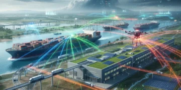 Mastering 2026 US Supply Chain: Disruptors & Adaptation Strategies Futuristic global supply chain network with digital connections and data overlays