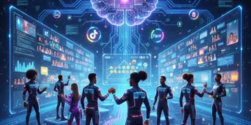 Futuristic influencer marketing landscape with digital connections and diverse creators