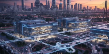 Futuristic logistics hub with autonomous vehicles and drones in a US city