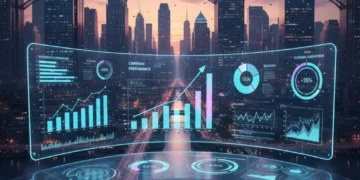 Futuristic marketing analytics dashboard with glowing data points and city lights in the background.