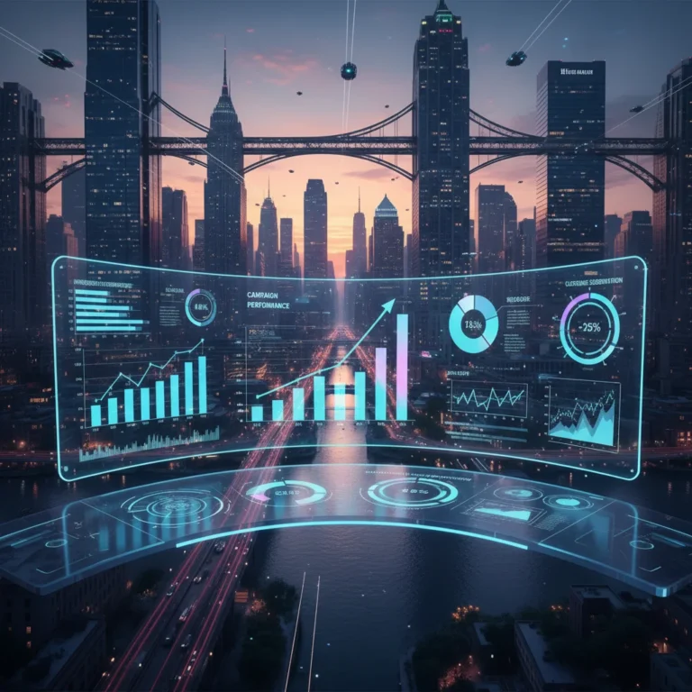 Futuristic marketing analytics dashboard with glowing data points and city lights in the background.
