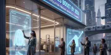 Futuristic retail store with digital displays and shoppers, symbolizing e-commerce growth
