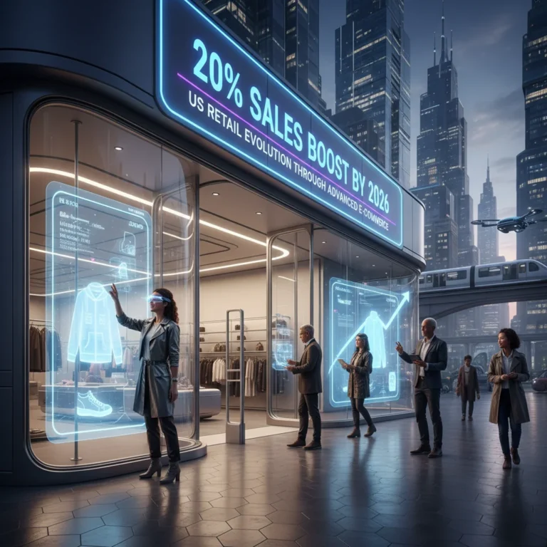 Futuristic retail store with digital displays and shoppers, symbolizing e-commerce growth