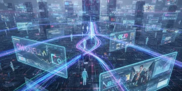 Futuristic digital landscape with interconnected screens representing streaming services in 2026