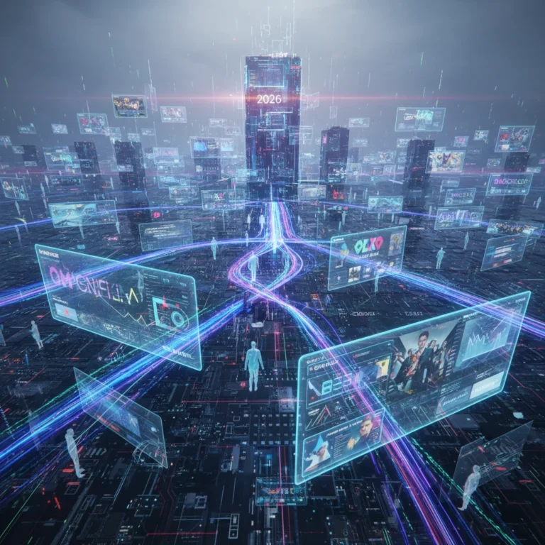Futuristic digital landscape with interconnected screens representing streaming services in 2026