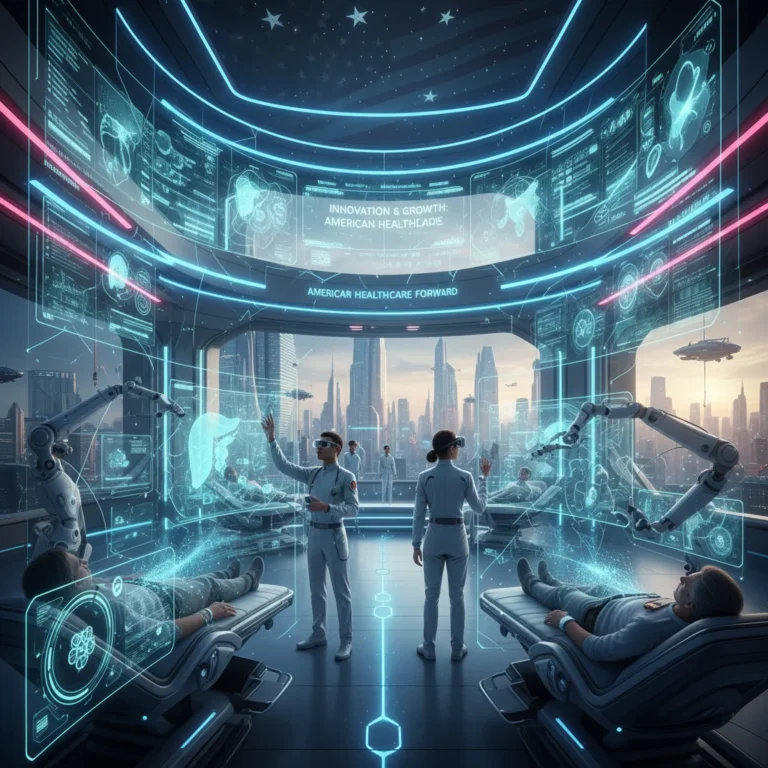 Futuristic healthcare technology transforming patient care in the United States, illustrating digital integration and medical advancements.