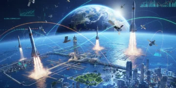 US Space Economy Boom: Trillion-Dollar Market by 2030 Futuristic space economy with satellites, rockets, and city lights representing growth and innovation.