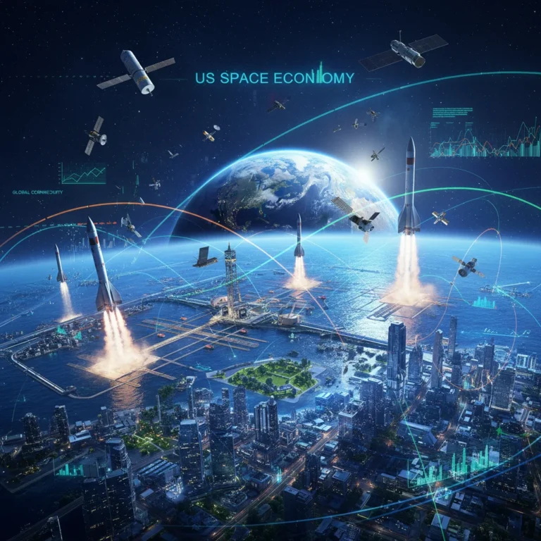 Futuristic space economy with satellites, rockets, and city lights representing growth and innovation.