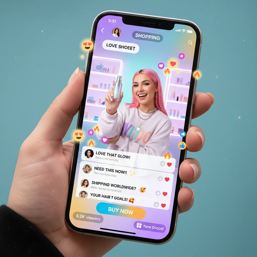 Gen Z influencer hosting a live shopping event on a smartphone, demonstrating social commerce.
