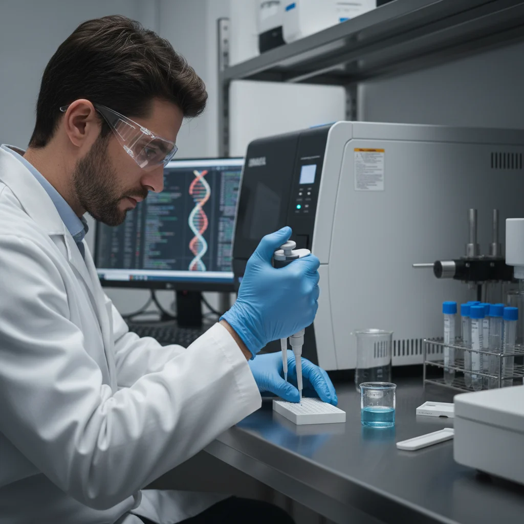 Scientist performing genetic sequencing in a modern biotech lab