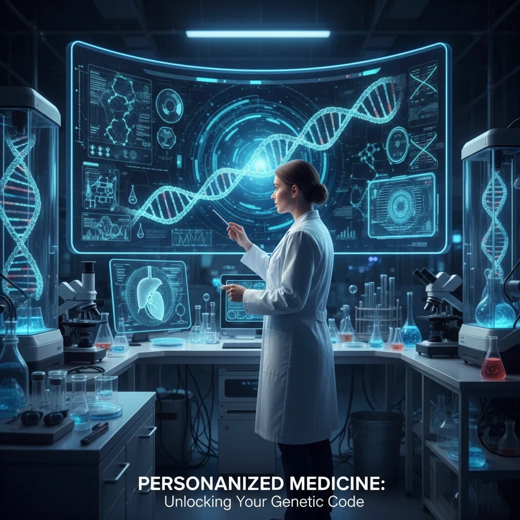Geneticist analyzing DNA sequences in a laboratory, symbolizing the advancements in personalized medicine and genomics.