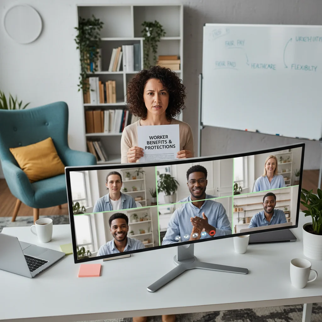 Gig workers in a virtual meeting discussing worker benefits and protections