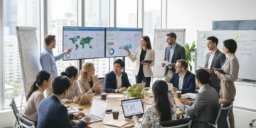 Great Reshuffle 2.0: Reshaping Talent Acquisition in US Companies by 2026 Diverse professionals collaborating on talent acquisition strategies in a modern office.
