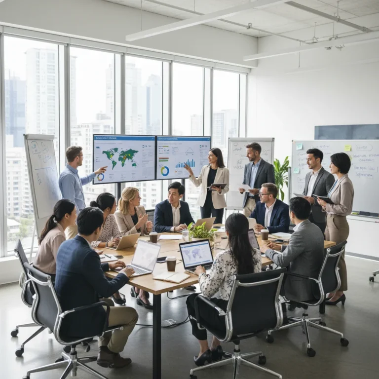 Diverse professionals collaborating on talent acquisition strategies in a modern office.
