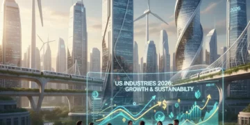 Futuristic city powered by green tech, investors reviewing sustainable growth charts 2026