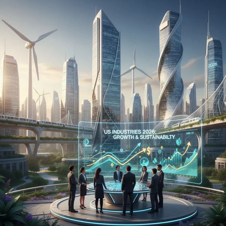 Futuristic city powered by green tech, investors reviewing sustainable growth charts 2026