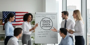Dynamic sales team collaborating on strategy, aiming for 150% quota attainment.
