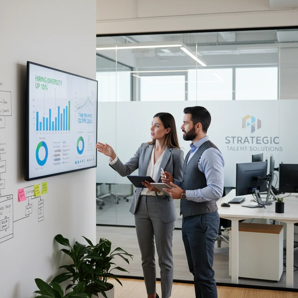 HR professionals analyzing data on improved hiring diversity and efficiency.