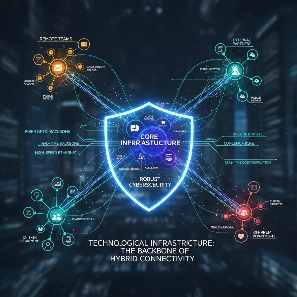 Digital representation of interconnected communication channels in a hybrid work setting.