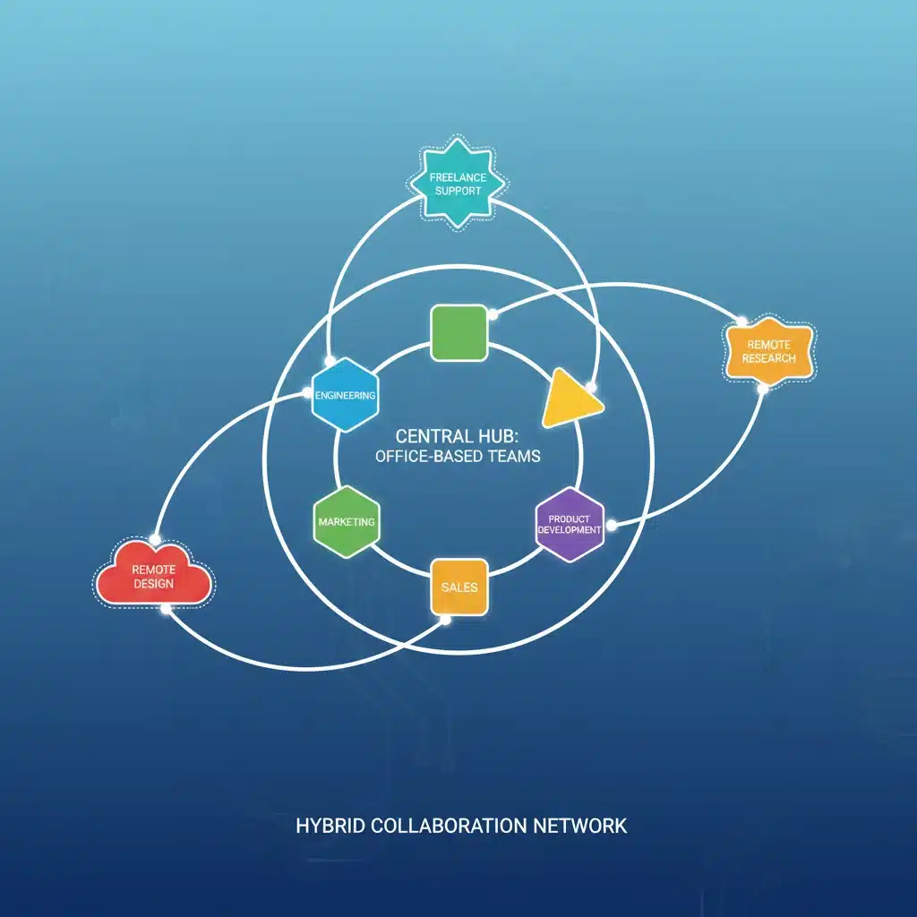 Infographic illustrating interconnected teams and communication flow in a hybrid work structure.
