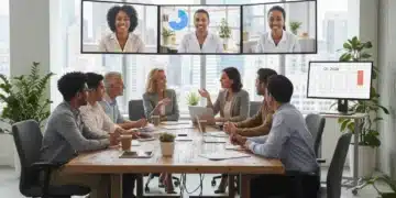 Professionals collaborating in a modern hybrid work environment with a mix of in-office and remote participants.