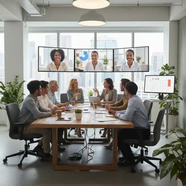 Professionals collaborating in a modern hybrid work environment with a mix of in-office and remote participants.