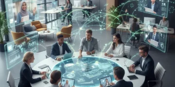 Professionals collaborating in a hybrid work environment, blending office and remote setups.