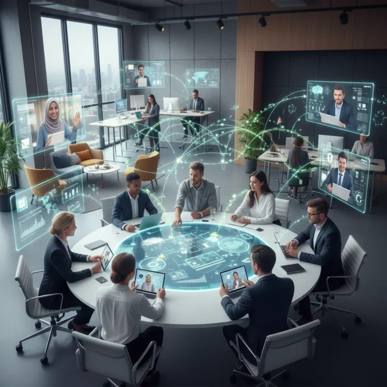 Professionals collaborating in a hybrid work environment, blending office and remote setups.
