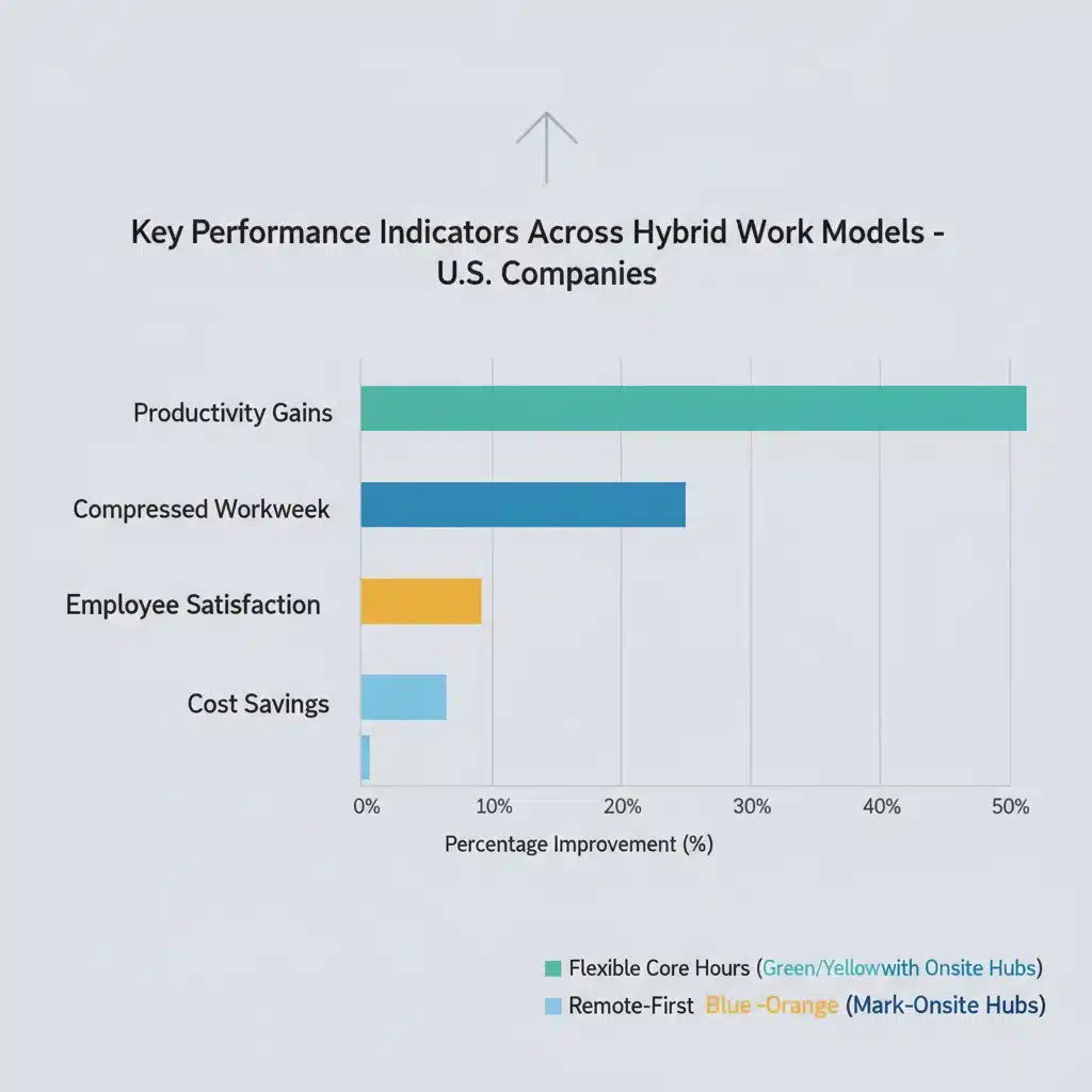 Bar chart showing performance indicators for hybrid work models, including productivity and employee satisfaction.