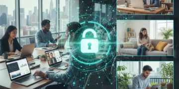 Hybrid workforce collaborating securely with integrated cybersecurity measures