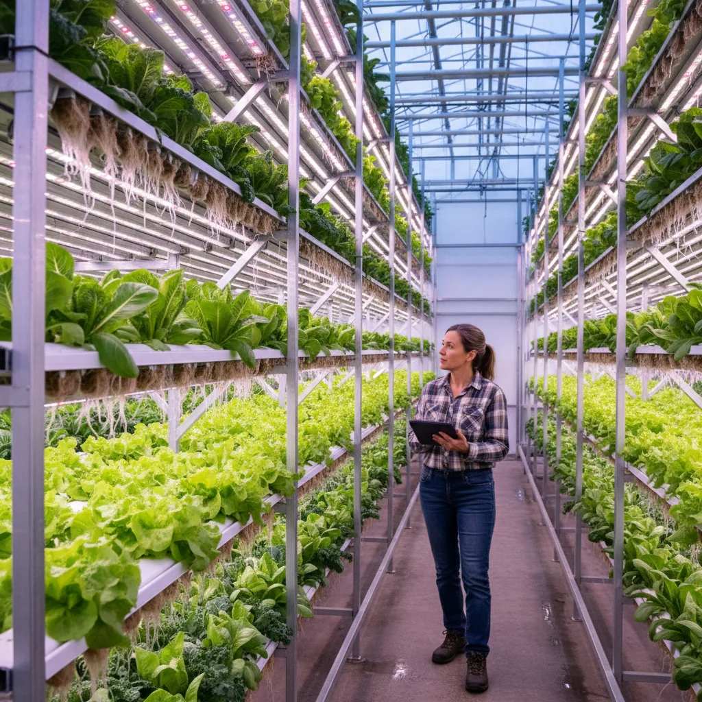 Hydroponic leafy greens growing in a controlled environment greenhouse, representing CEA