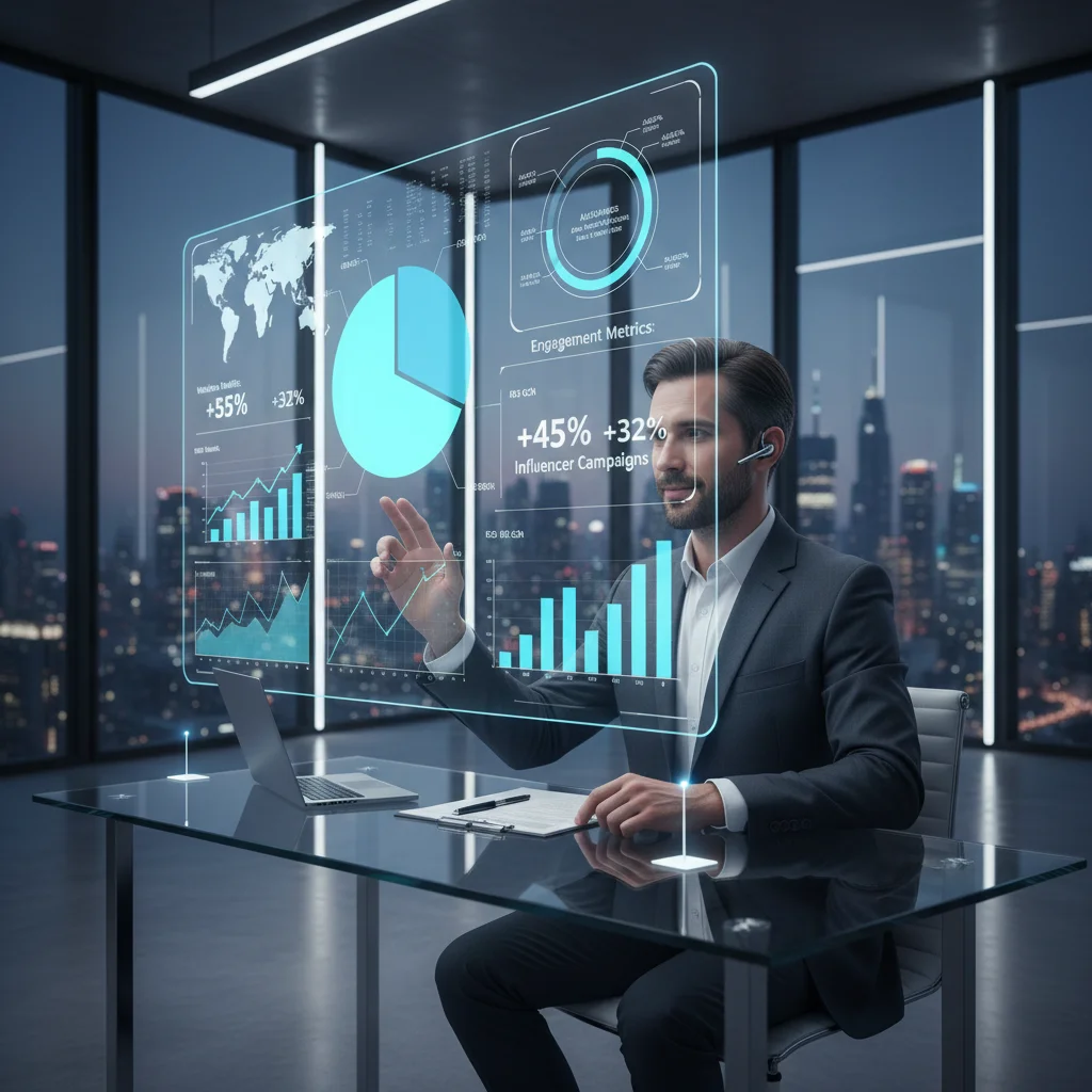 Business professional analyzing influencer marketing ROI and engagement data