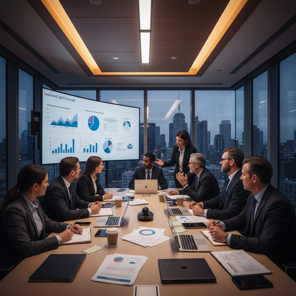 Venture capitalists evaluating startup pitch decks and financial projections