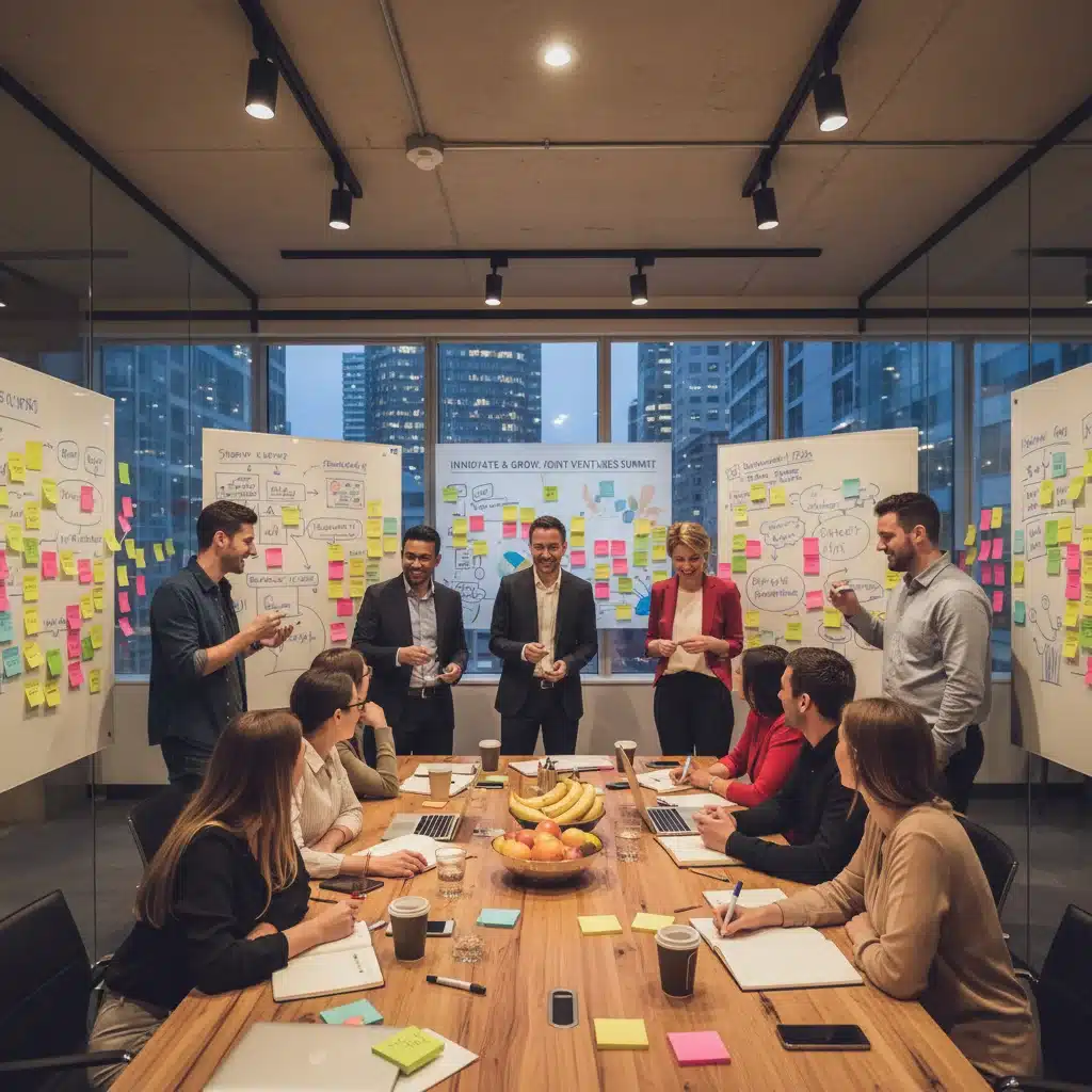 Startup founders and corporate executives brainstorming during a joint venture meeting.