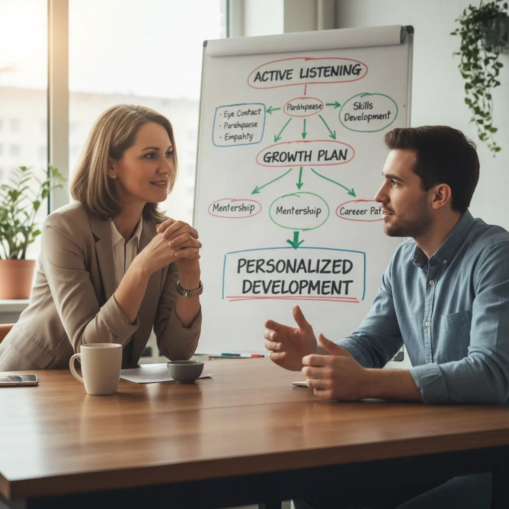 Manager actively listening to employee during coaching session, fostering open communication