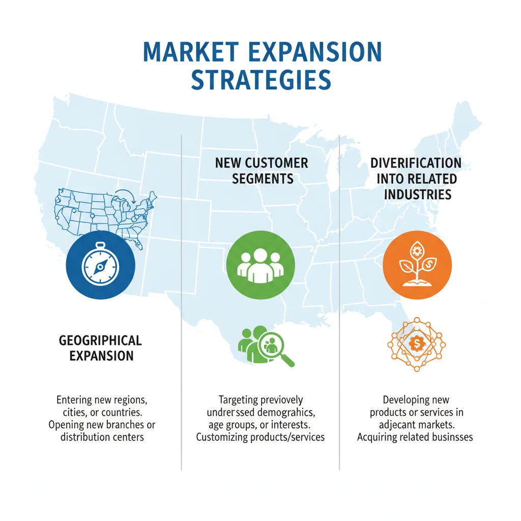 Infographic displaying market expansion strategies for US startups, including new geographies and customer segments.