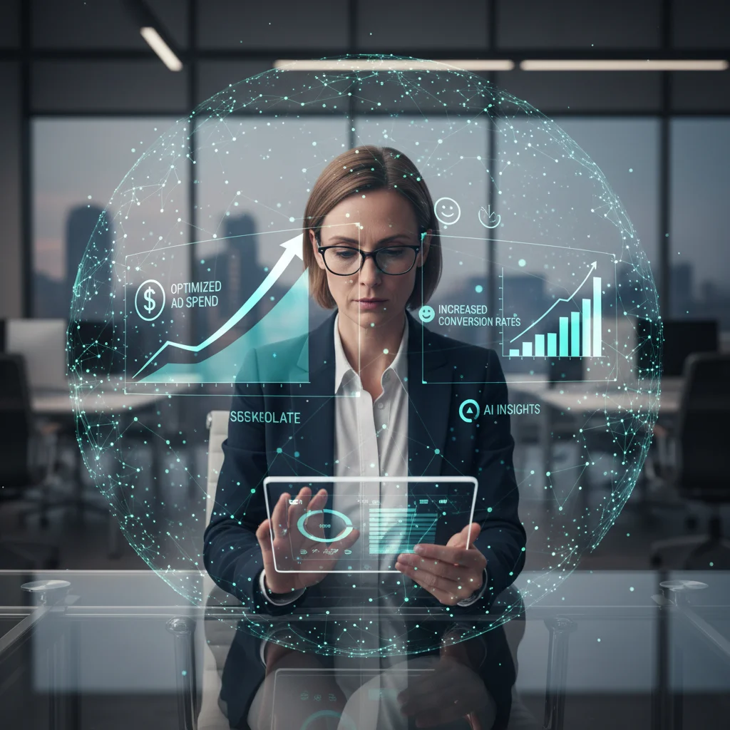 Marketer using AI insights to optimize real-time ad campaign performance and conversion rates.