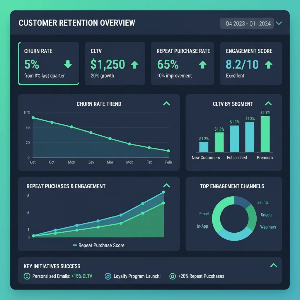 Marketing automation dashboard displaying key customer retention KPIs like churn rate and CLTV.