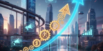 Futuristic marketing budget optimization with AI and data visualization