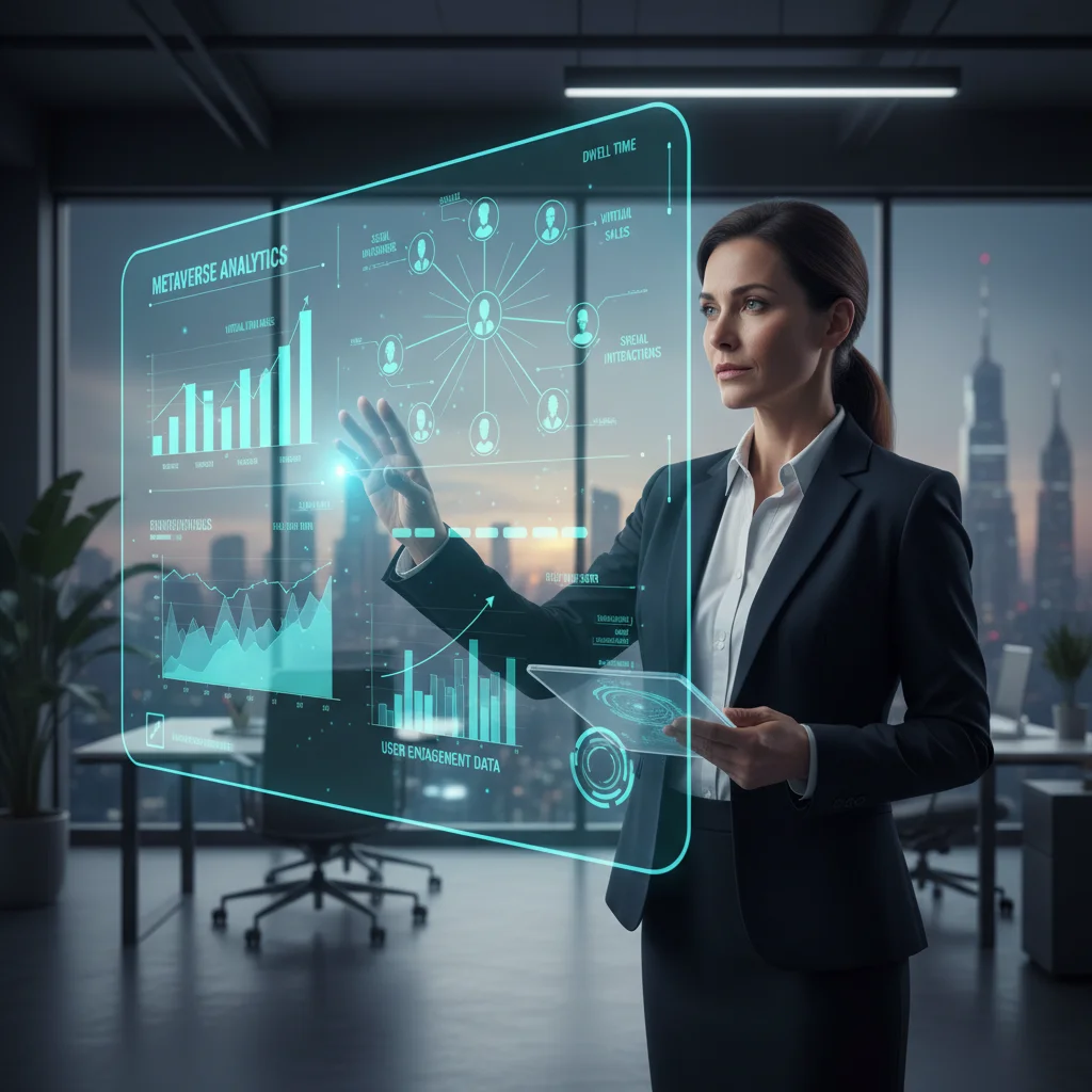 Executive analyzing metaverse analytics on a holographic display, focusing on data-driven strategy.