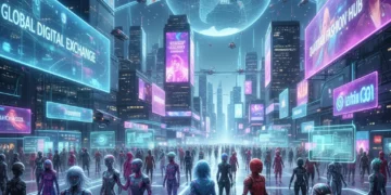 Futuristic metaverse city with digital ads and interacting avatars, representing early adopter engagement.