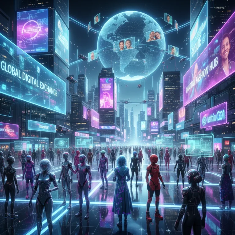 Futuristic metaverse city with digital ads and interacting avatars, representing early adopter engagement.