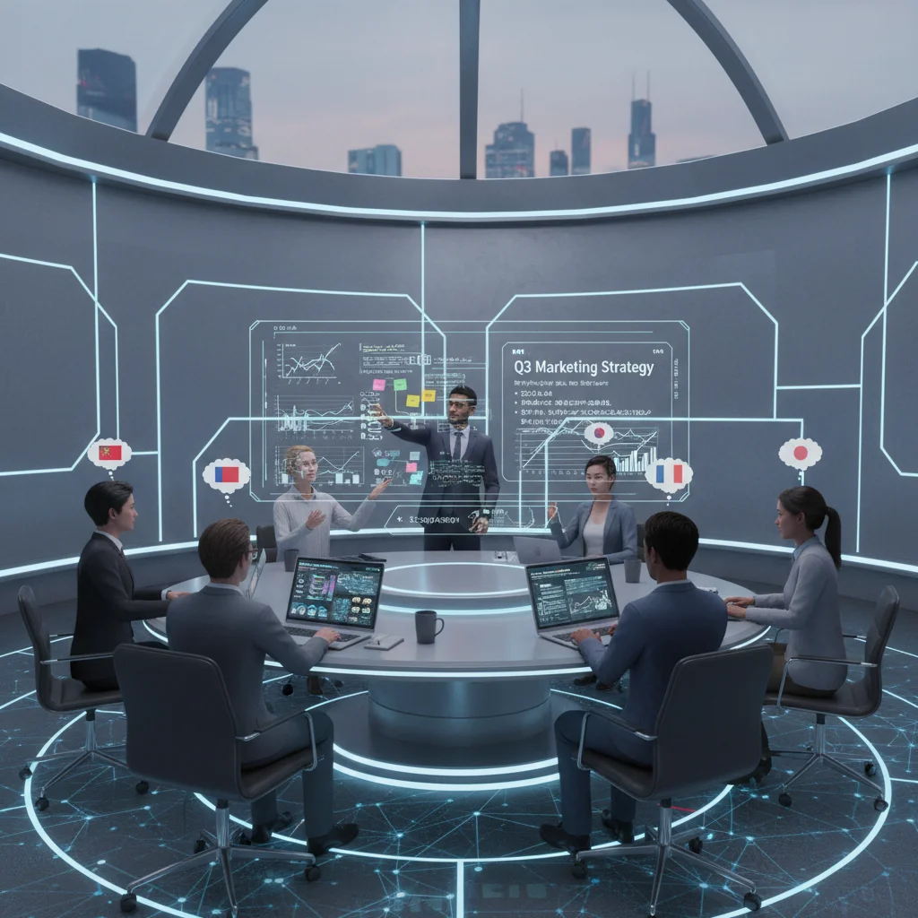 Remote team meeting in a metaverse conference room with avatars.