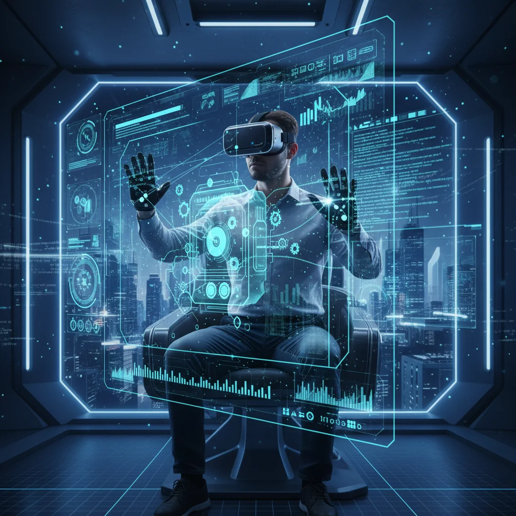 Employee undergoing immersive metaverse training with VR headset.