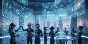 Professionals collaborating in a metaverse office, showcasing future work environments.