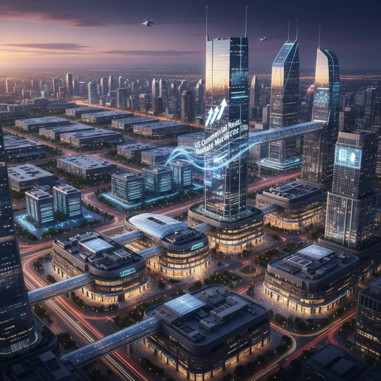 Modern city skyline at dusk, showcasing diverse commercial real estate sectors for 2026 outlook.