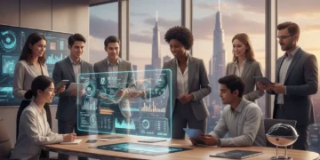 Modern leader coaching diverse team in a collaborative 2026 office environment